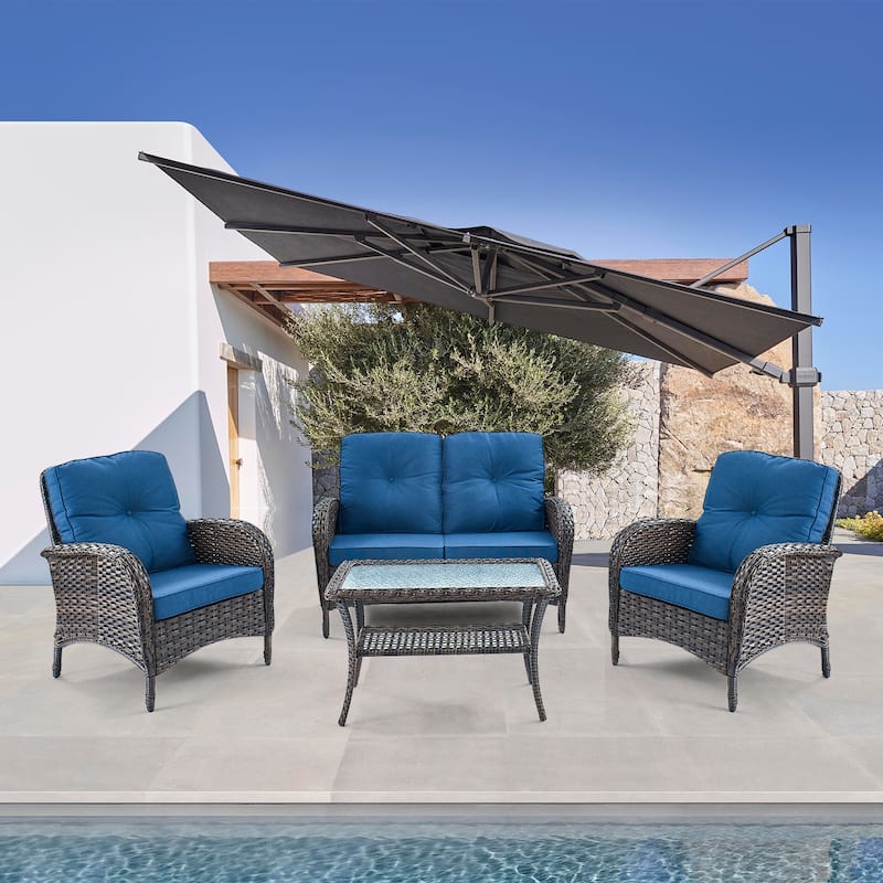 Gymojoy Outdoor Loveseat Sofa Club Chair Table Set with PE Wicker - BrownRattan/Blue - Blue