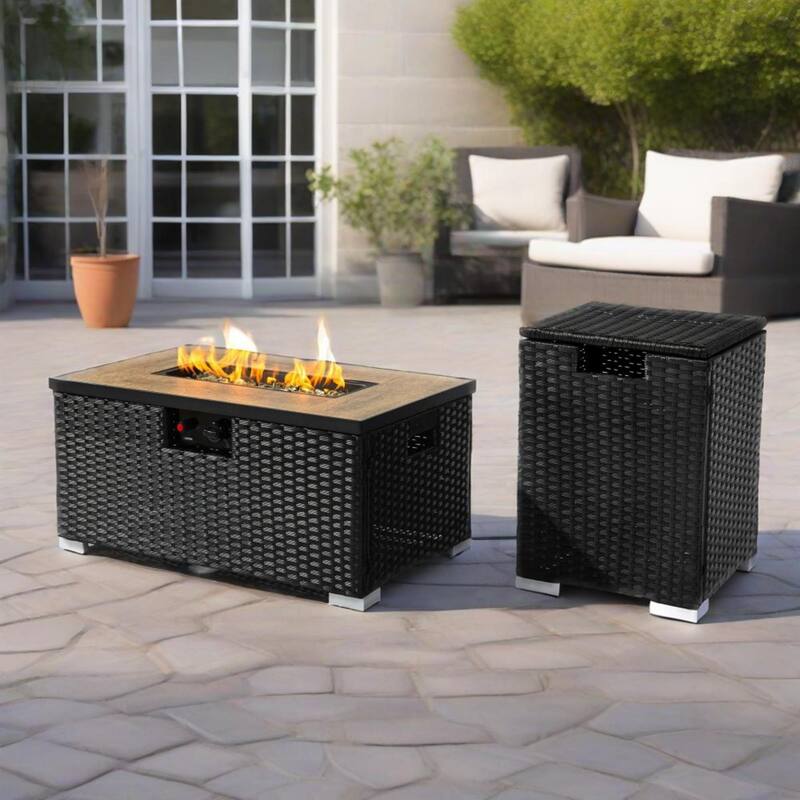 Anmytek 32" Propane Fire Pit Table - 2-Piece Steel Wicker Base with Tank Cover
