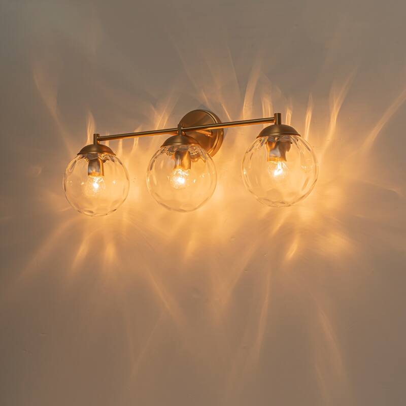 24.4" 3-Light Brass Modern Linear Water Ripple Clear Glass Globes Bubble Bathroom Vanity Light