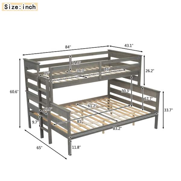 Gray Twin XL over Queen Size Solid Wood Bunk Bed with Ladder & Fence