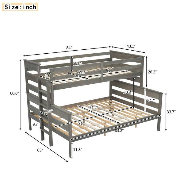 dimension image slide 1 of 2, Twin XL Over Queen Bunk Bed with Ladder & Slat Support, Solid Wood Bunk Bed Frame with Safety Guardrail, Separated into 2 Beds