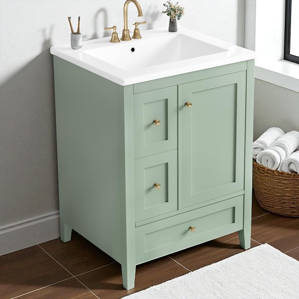 24 Inch Bathroom Vanity with Sink, MDF and Rubberwood Freestanding Cabinet with Storage and Adjustable Shelf