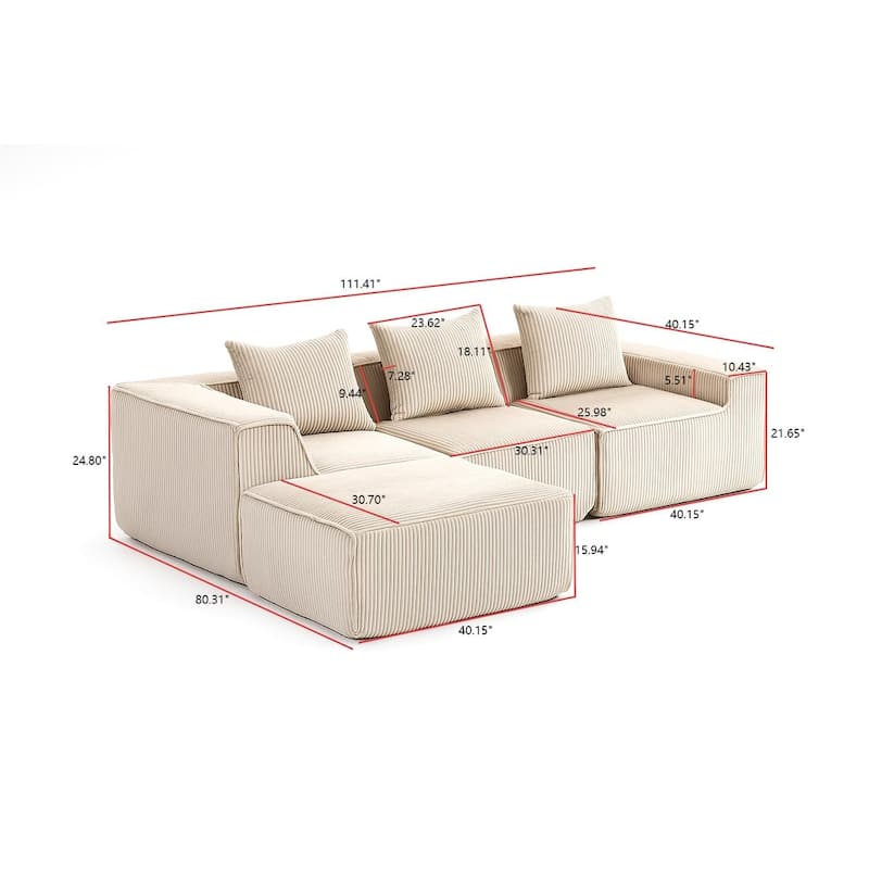 Modular Sleeper Sofa Bed Corduroy L-shaped Sectional Sofa with Chaise Floor Standing Multi Person Compressed Sofa with Ottoman