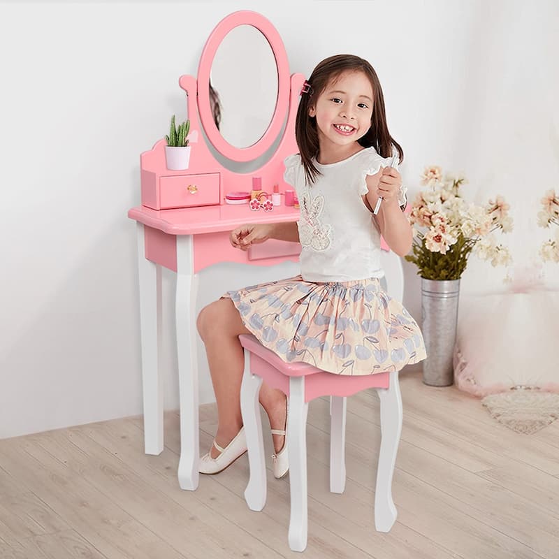 Kids Vanity Table and Stool Set Wooden Dressing Table Reversible Round Mirror