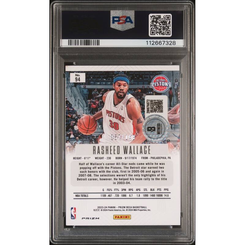 Rasheed Wallace 2023 Panini Prizm Deca Blue Signed Card #94 Auto Graded PSA 9 - 8' x 11'
