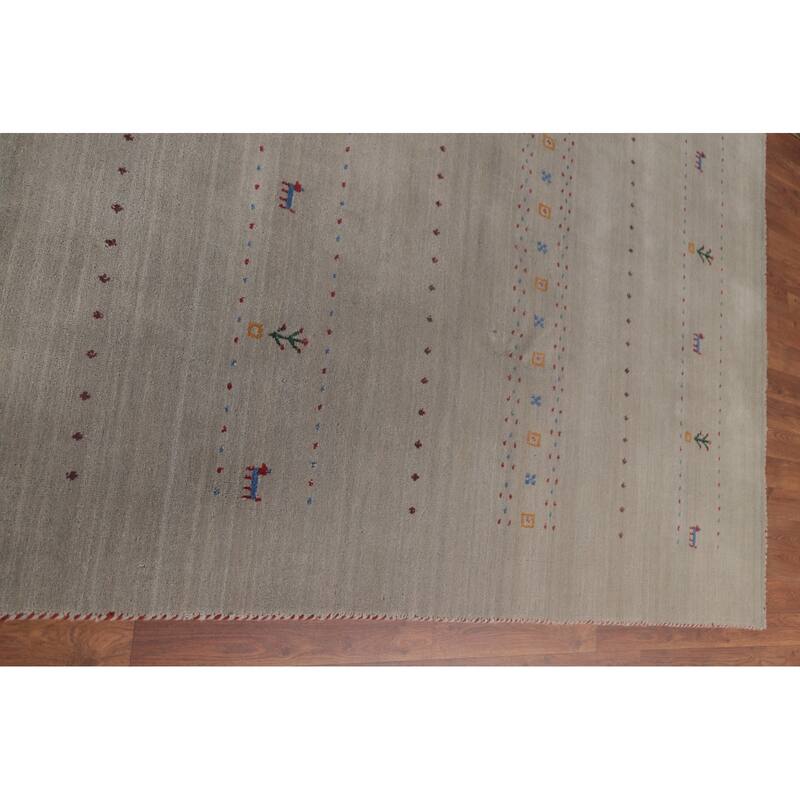Tribal Gabbeh Area Rug Hand-Knotted Grey Wool Carpet - 7'11"x 9'7"