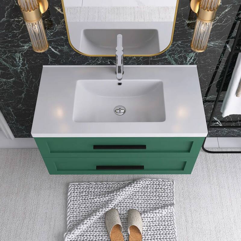 Wall-Mounted Bathroom Vanity in Green with White Ceramic Sink