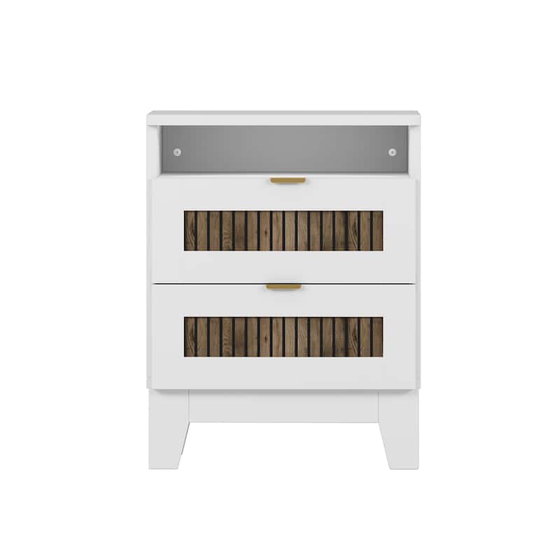 2-Drawer Farmhouse Wooden Nightstand with Wooden Strip Stickers Decoration & Metal Handle, Wood Side Table with Storage Cabinet