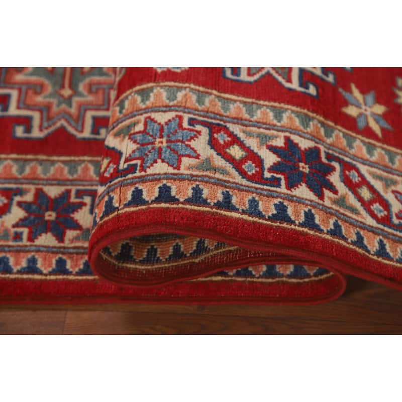 Geometric Red Kazak Runner Rug Hand-Knotted Wool Carpet - 2'9" x 8'0"