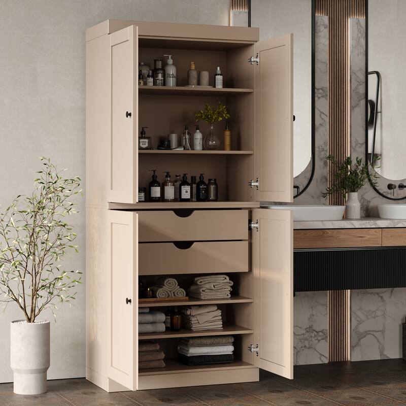 Palace Imports 100% Solid Wood Bathroom Storage Cabinet, Shaker Doors, 2 Drawers, Adjustable Shelves, 32" Wide, 71.5" Tall - Beige