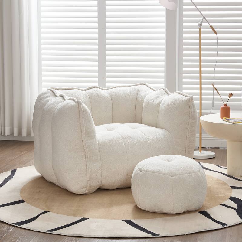 Extra-Large Chenille Bean Bag Chair with Footstool, Comfy Bean Bag Sofa for Adults, High Resilient Foam Square Lazy Sofa