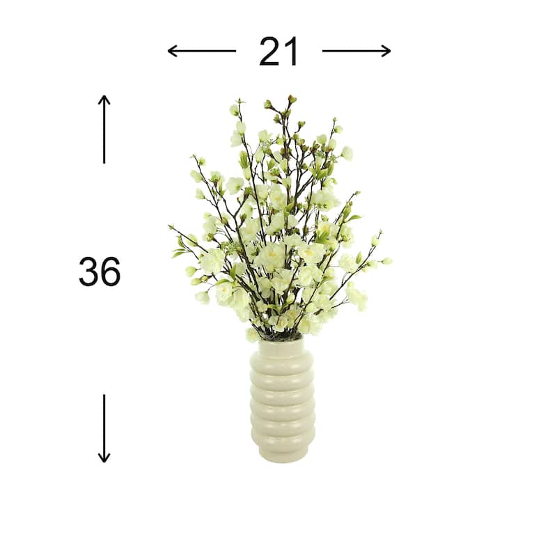 Cherry Blossoms Arranged in Ridged Ceramic Vase - White, Cream