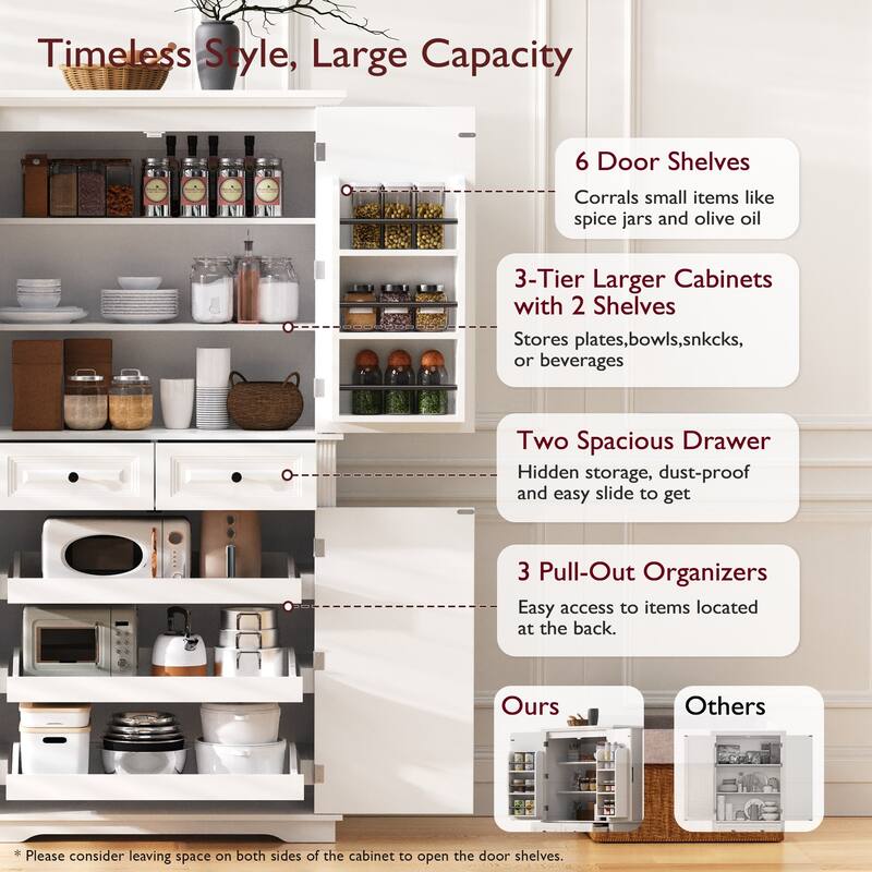 Roomfitters 71" Tall Kitchen Pantry Cabinet with 3 Pull-Out Organizers & 6 Door Shelves