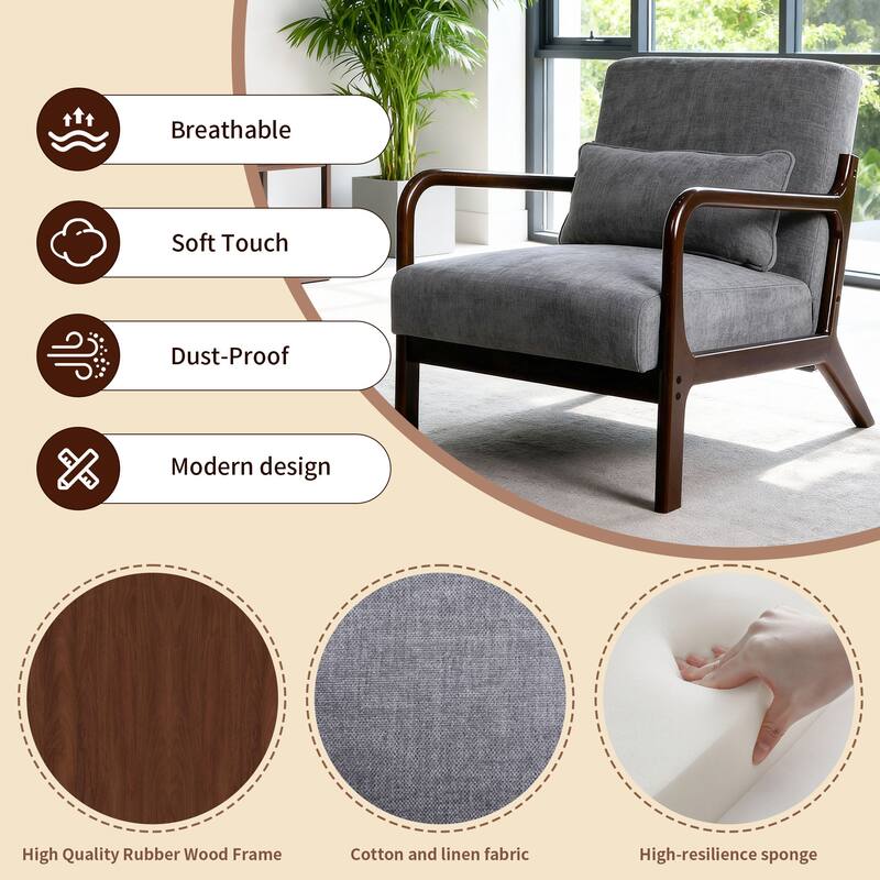 Armchair Solid Wood Frame Accent Chair with Detachable Lumbar Pillow Living Room Chairs