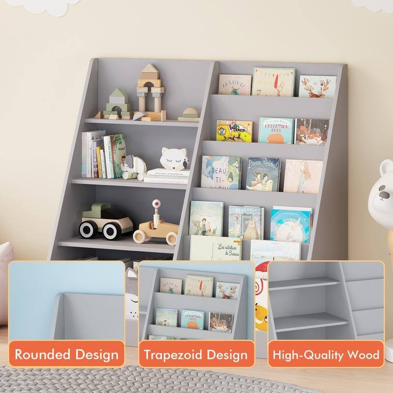 4-Tier Wooden Kids Bookshelf & Toy Organizer with Storage Bin, Modern Display Bookcase for Nursery Playroom