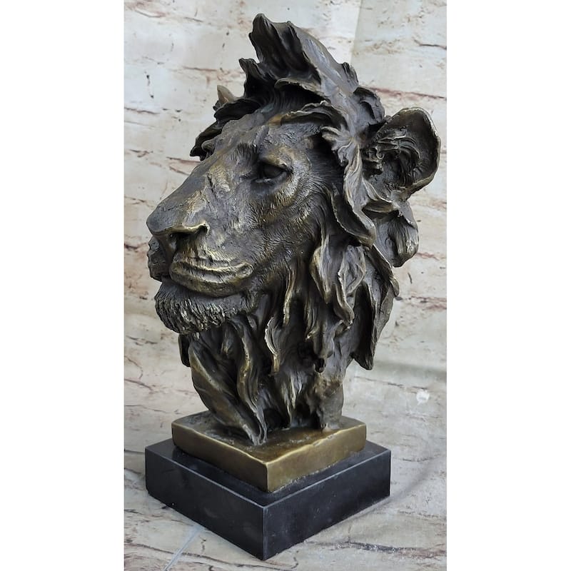 Hot Cast Bronze Male Lion Bust Sculpture Statue Original Art On Marble Base