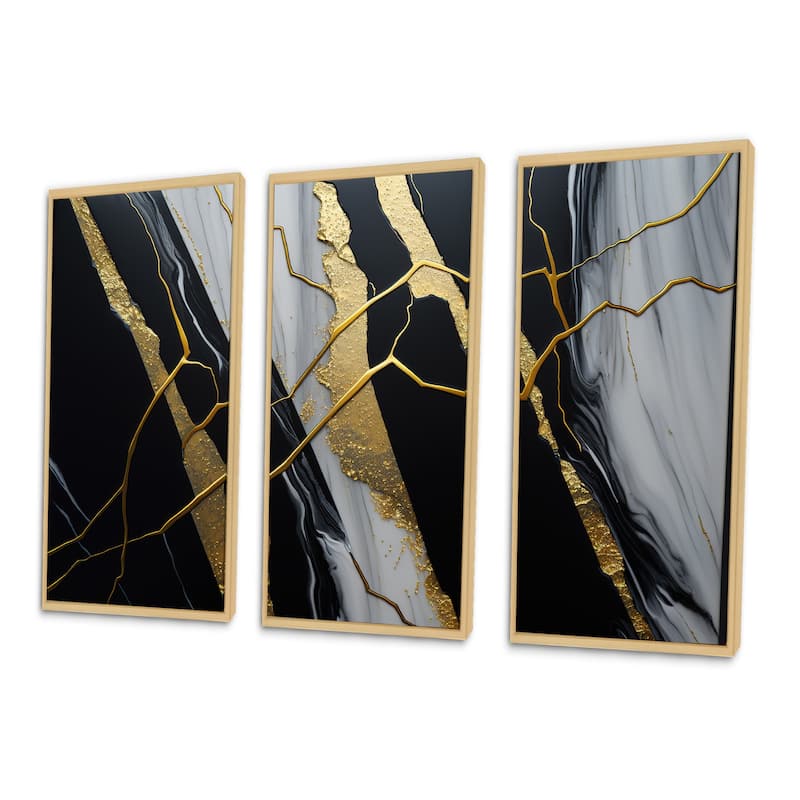 Designart "Abstract Geode Black II" Abstract Marble Framed Canvas Art Print - 3 Panels