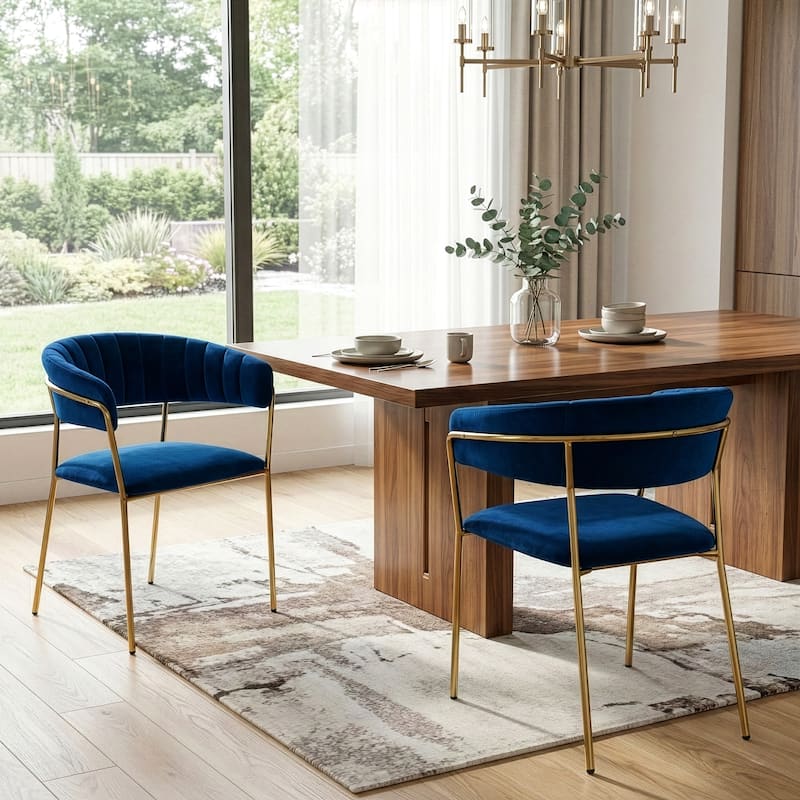 Set of 2 Anya Blue Velvet Arm Chair with Golden Metal Legs