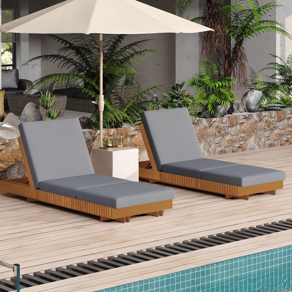Roomfitters Outdoor Acacia Wood Chaise Lounge with Water-Resistant Triple-Fold Cushions Dark Grey