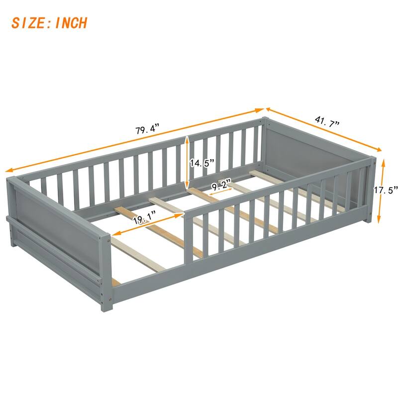 Twin Size Wood Floor Platform Bed with Built-in Book Storage Rack