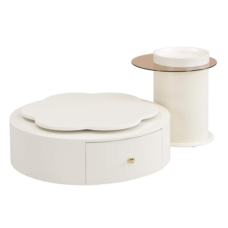 Roomfitters Rotatable Round Coffee Table Set of 2 with Flower-Shaped Top and Glass End Table, Off White