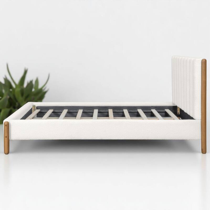 Queen/King Size Boucle Upholstered Platform Bed Frame with Solid Wood Legs and Padded Headboard, White