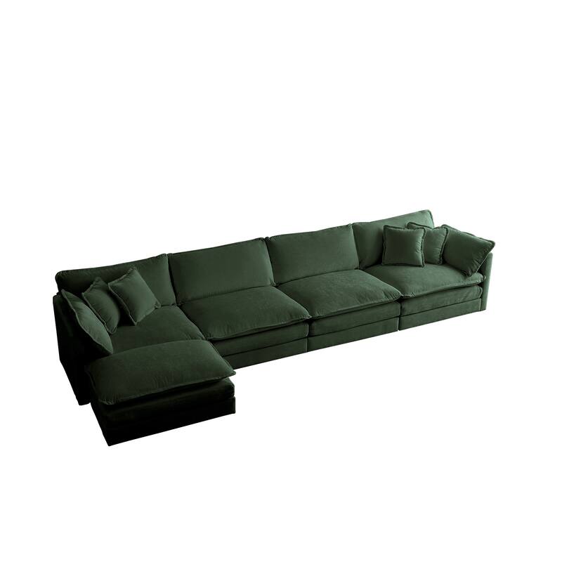 Green 5-Seater Chenille L-Shaped Sectional Sofa with Ottoman