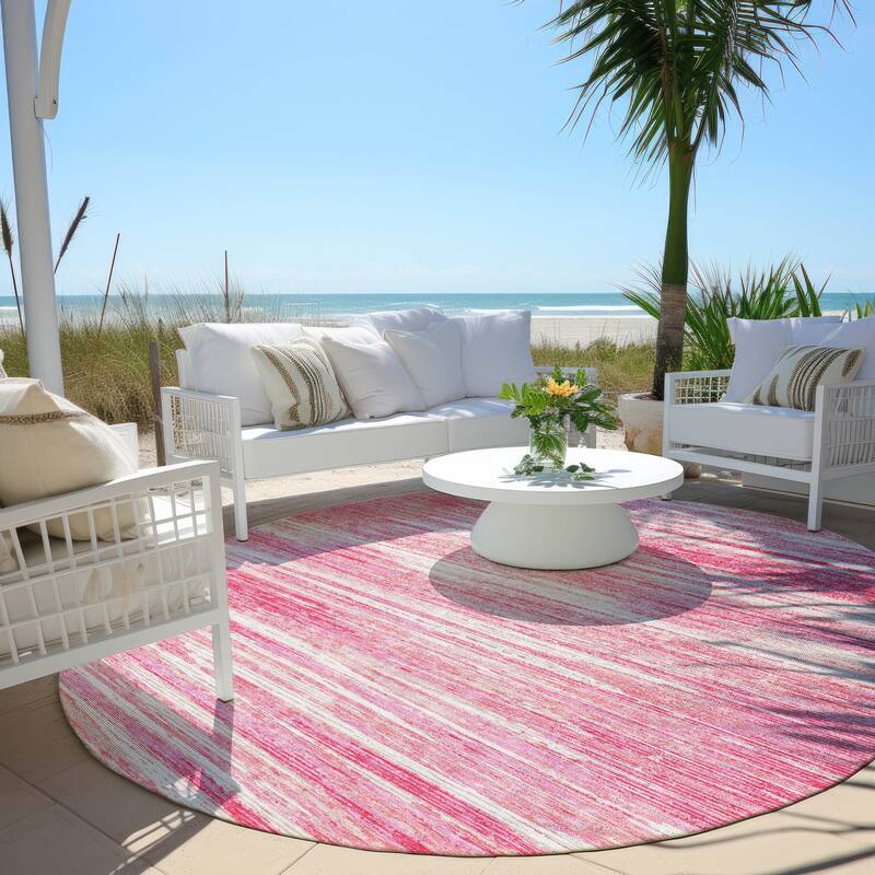 Machine Washable Indoor/ Outdoor Chantille Abstract Stripe Rug - Pink - 8' x 8'
