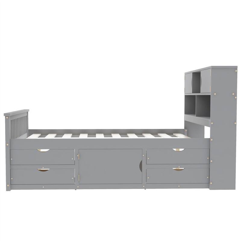 Twin/Full Size Captain Platform Bed with 4 Drawers and Storage Bookcase Headboard, Solid Wood Bed Frame with Storage Shelves