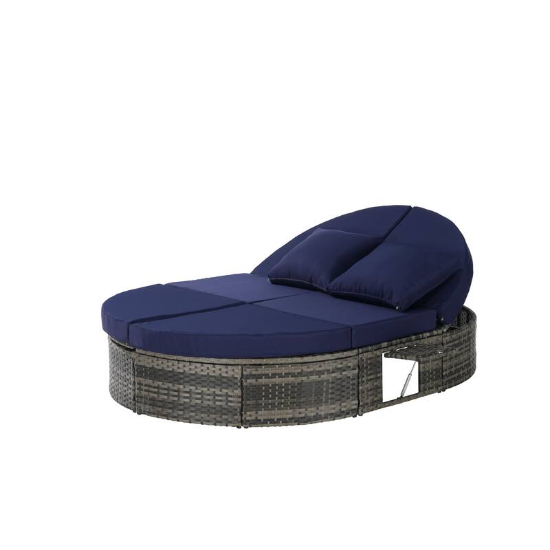 Outdoor Patio Rattan Round Daybed Sunbed with Adjustable Backrests and Foldable Cup Trays