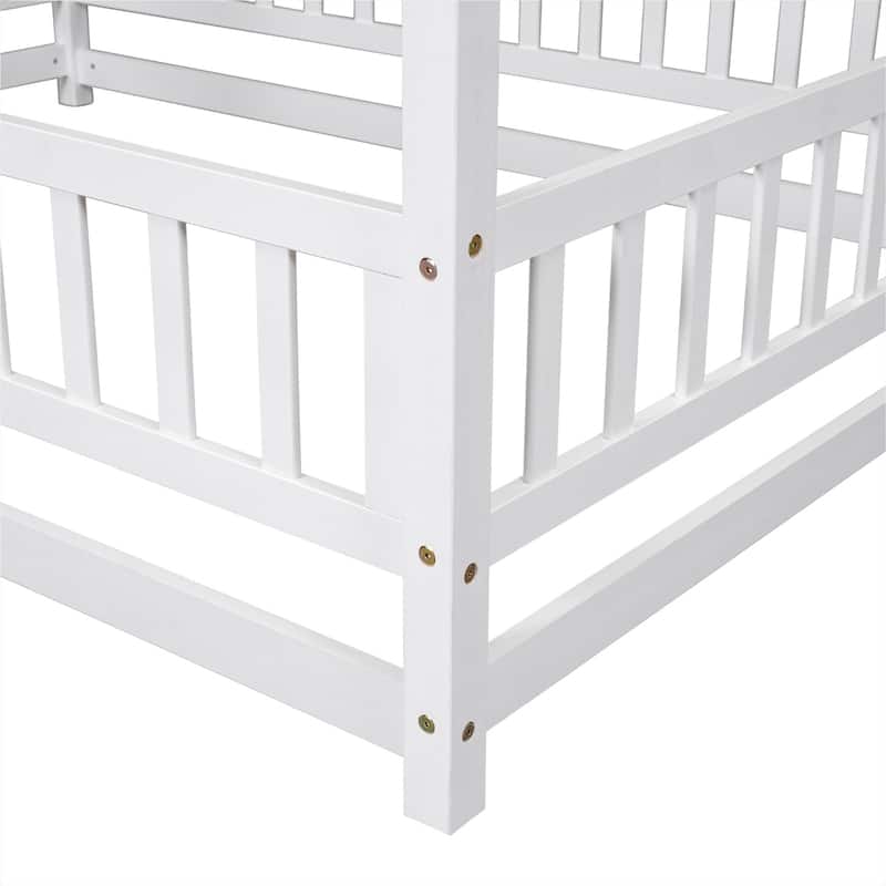 Floor Wooden Bed with House Roof Frame, Fence Guardrails