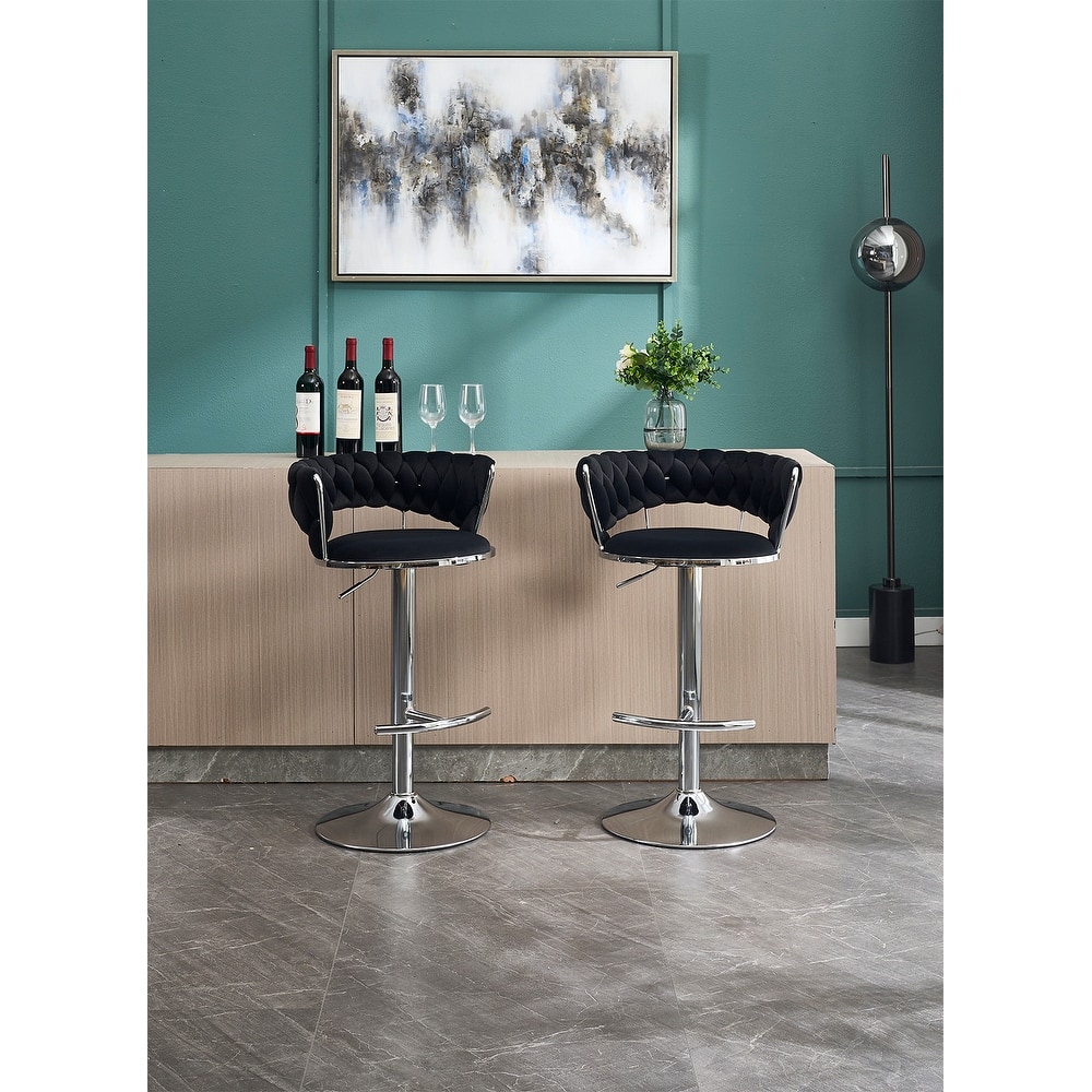 Set of 2 Bar Stools,with Chrome Footrest and Base Swivel Height Adjustable Mechanical Lifting Velvet + Chrome Leg