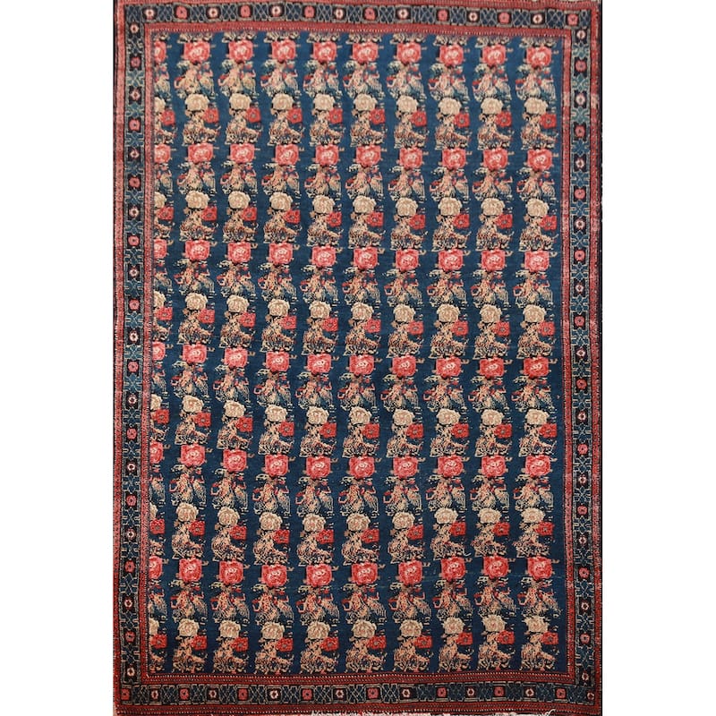 Hand Knotted Oriental 100% Wool Carpet Traditional All-Over Navy Blue & Blues Senneh Area Rug - 6' 3'' X 4' 3''