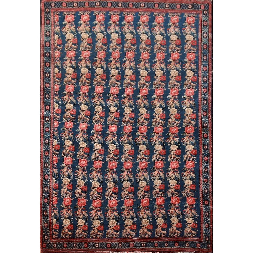 Hand Knotted Oriental 100% Wool Carpet Traditional All-Over Navy Blue & Blues Senneh Area Rug - 6' 3'' X 4' 3''
