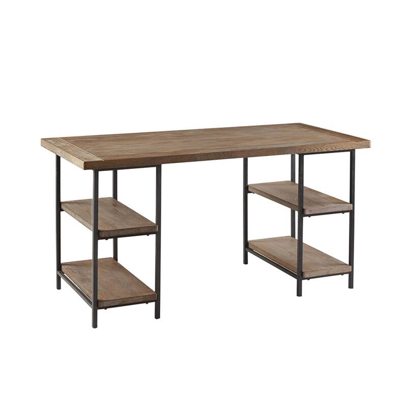 Roomfitters 60-Inch Industrial Accent Desk, Reclaimed Gray Wood Finish with Side Shelving and Black Metal Base