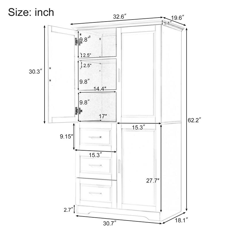 Tall & Wide Storage Cabinet with 3 Drawers and Doors, for Bathroom or Office Organization