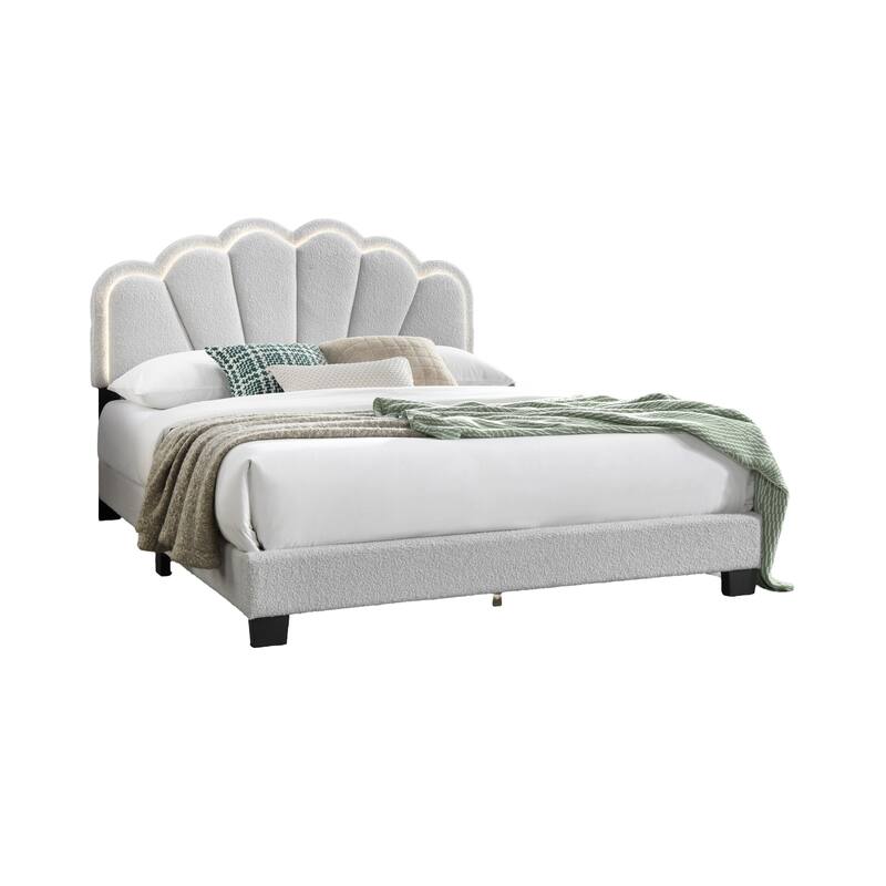 Queen Size Wool Upholstered Platform Bed Frame with Floral LED Headboard for Modern Bedrooms, Box Spring Not Required