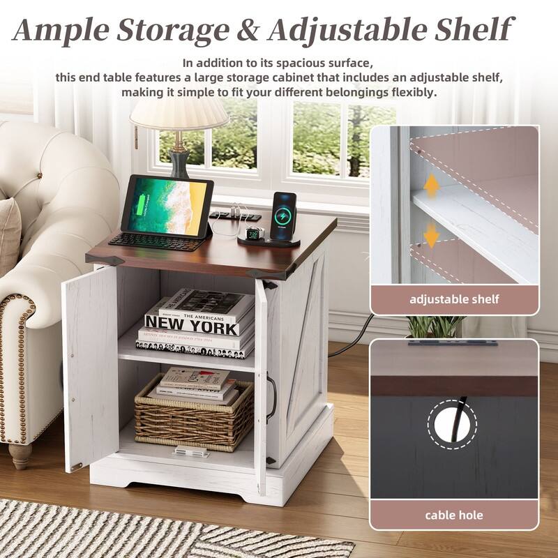 Farmhouse Nightstand with Charging Station, Rustic Bedside Table with Shelf