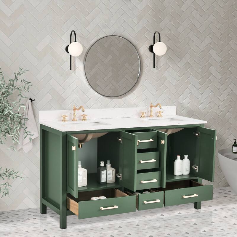 OpalithD 60 in. Bathroom Vanity with Double Sinks, Wood Bath Cabinet with Top
