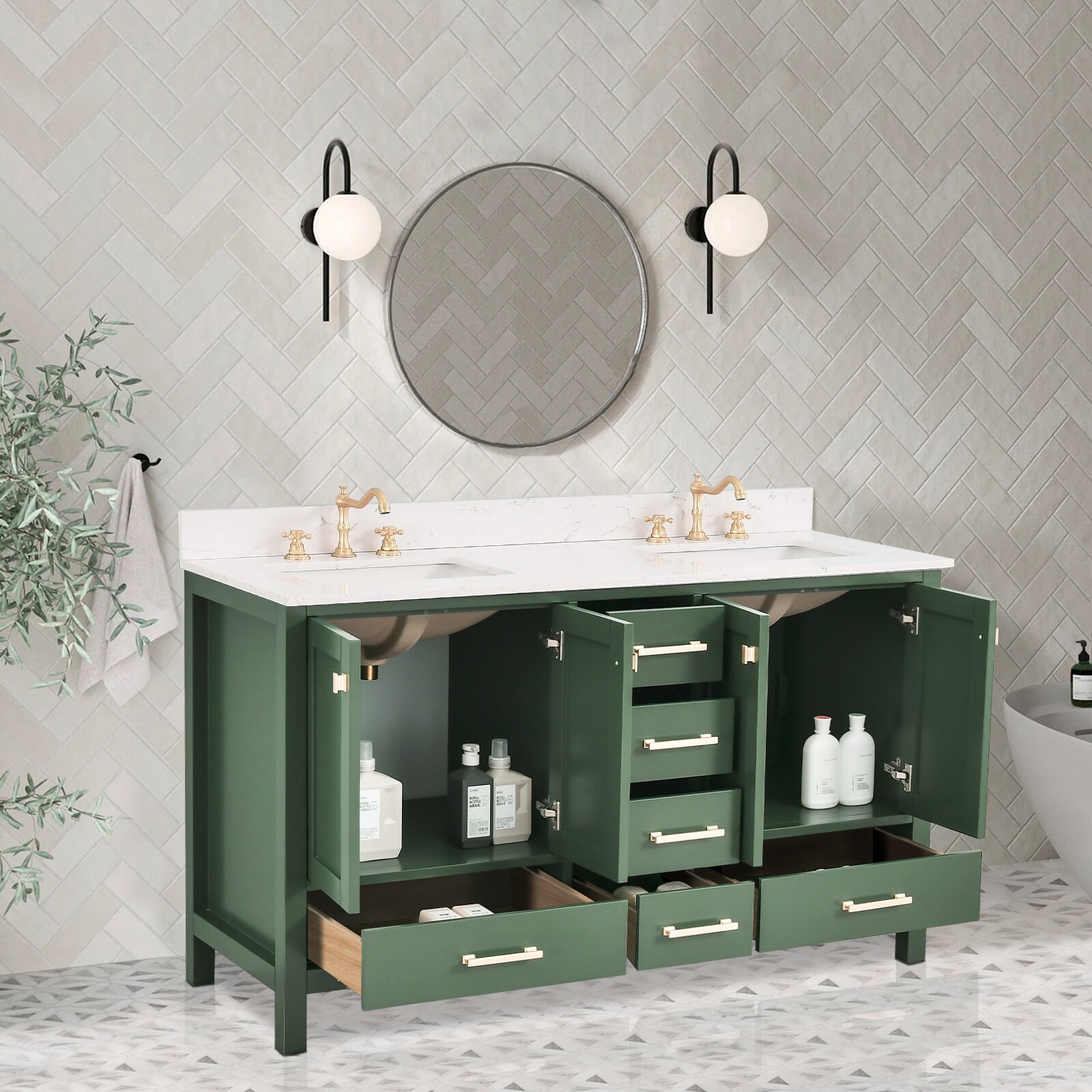 OpalithD 60 in. Bathroom Vanity with Double Sinks, Wood Bath