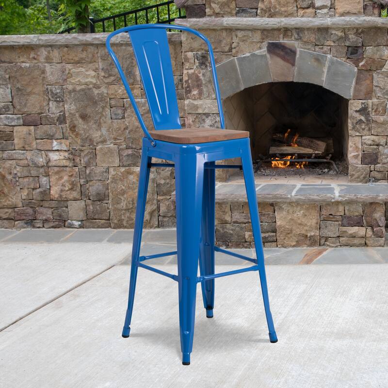 30" High Metal Barstool with Back and Wood Seat - 17.75"W x 20"D x 45.25"H - Blue