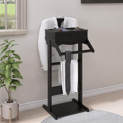 Clothing Rack with Storage Shelves, Wooden Valet Stand for Men Women, Garment Rack Heavy Duty Clothes Stand