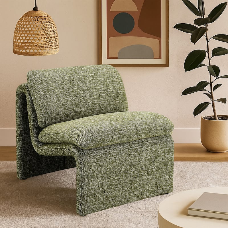 Kami Accent Chair, Curved Open Base, Armless Modern Green Boucle