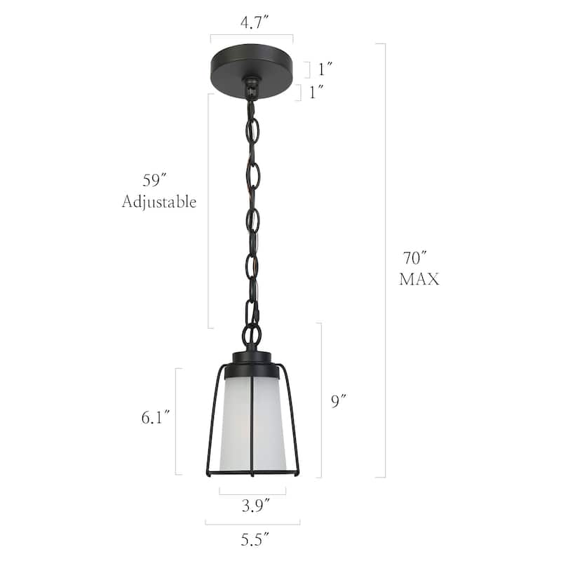 Modern Textured Black 1-Light Geo Frosted Glass Outdoor Hanging Pendant Light for Porch - D 5.5" x H 9"