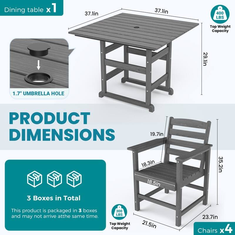 Gray 5/7-Piece HDPE Wood Grain Patio Outdoor Dining Set with Armrest & Umbrella Hole