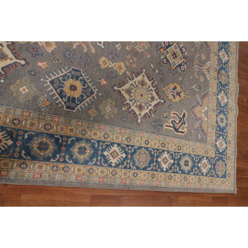 Hand Knotted Oriental 100% Wool Carpet Traditional Geometric Greys & Charcoal Kazak Area Rug - 9' 9'' X 6' 5''