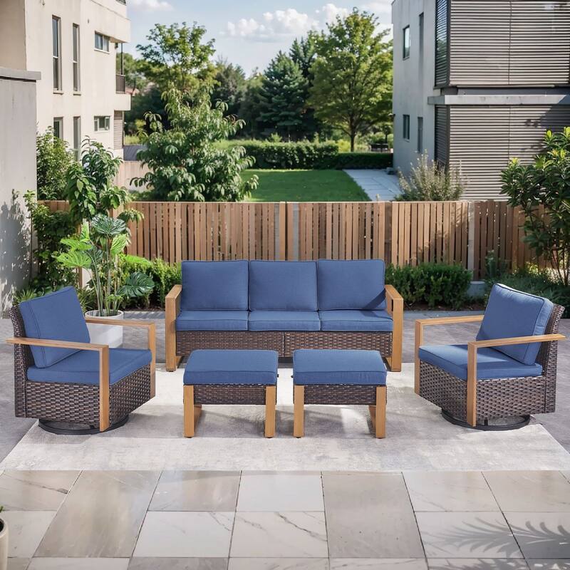 Pocassy Outdoor Sofa, Swivel Chair, Patio Chair Ottoman Set - 5 Pieces Sofa Swivel Chairs w/ Ottoman - Brown Wicker Blue Cushion