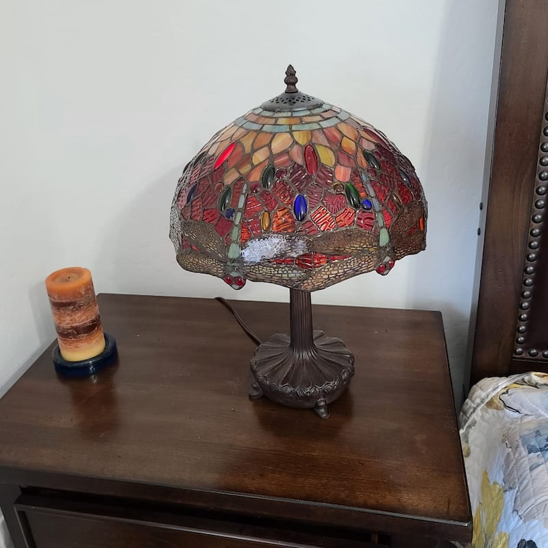 Dark Brown Metal Table Lamp with Multi Stained Glass Shade Dual Pull Chain - 11” x 19” x 22” (D x W x H)