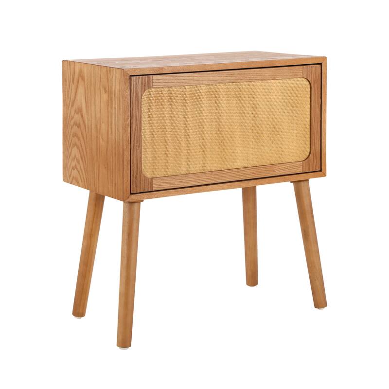 Rotating Hidden Compartment Nightstand for Bedroom, Mid Century Modern Rattan Bedside Table End Table with Wood Legs