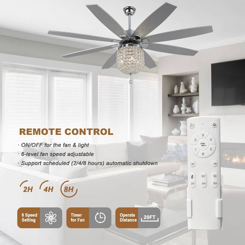 Cusp Barn 65" Chrome Ceiling Fan with Light and Remote,Gorgeous Crystal Fixture,Modern Reversible Fan Light,6 Speeds Quiet Motor